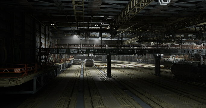 vast workshop interior with central aisle and parallel tracks, low industrial lights, storage benches and quiet symmetry creating tense stillness