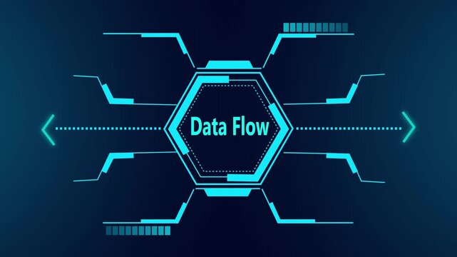 Futuristic hexagonal HUD element with flowing data streams animation on dark background. Digital technology interface showing abstract network analytics and sci fi system dashboard motion graphics.