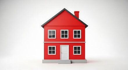 A vibrant, two-story red house with a black roof, chimney, and white-framed windows