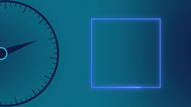 Abstract neon square and dial interface animation on gradient background. Futuristic technology panel with circular gauge indicator and digital control dashboard concept motion graphic.