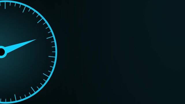 Gauge dial meter measurement animation on dark background. Analog style indicator with rotating needle showing system level monitoring concept for technology dashboard control motion graphic.