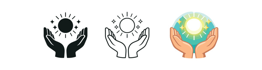 Three simple icon variations of cupped hands holding a glowing sun  black silhouette, outline, and colorful version with earth background 