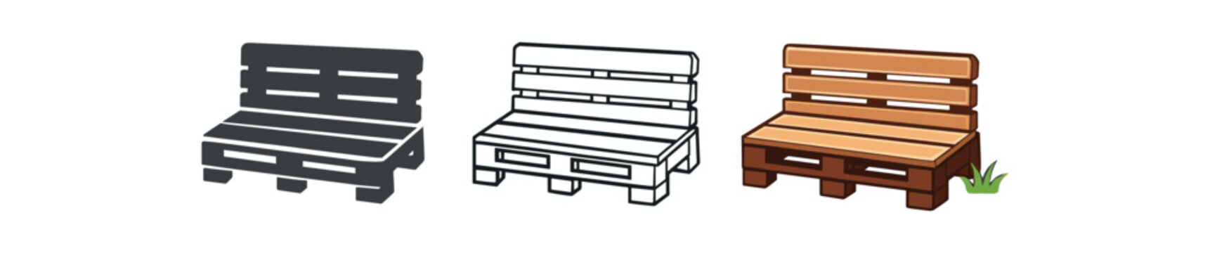 Three small bench icons made from wooden pallet boards shown in solid, outline, and full-color flat styles, suitable for user interfaces, app icons, or background graphics.