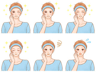 ヘアバンドをつけたスキンケアする大人男性の美容イラスト素材セット2