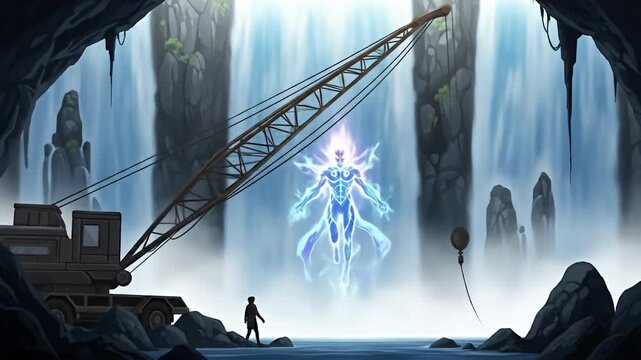 Ethereal figure raised by crane at waterfall grotto with lone observer in a misty cavern