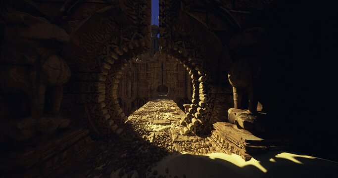 Circular stone portal spilling golden coins, ornate carvings surround rounded threshold, coin hoard catching slanted beam, dust and decay emphasize ancient