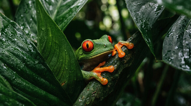 Close up of a red eyed tree frog on some leaves. Macro Wildlife Photography