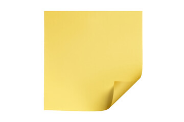 Blank yellow sticky note with curled corner for important reminders and messages, transparent background