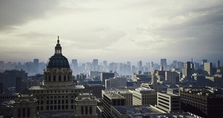 Obraz premium capitol skyline with hazy smog, urban air quality scene showing layer of haze over city and historic dome, suitable for environmental reports, sustainability