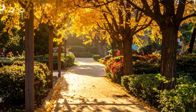 Sunlight pierces a golden canopy of trees lining a path in a park setting, hinting at the autumn season