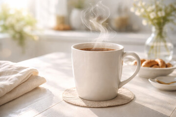 Fototapeta premium Freshly brewed coffee cup with steam on wooden table