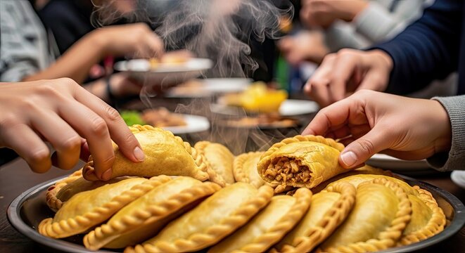 Golden Chilean Empanadas de Pino with Savory Filling and People Dining in a Lively Setting