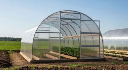 Greenhouse with open door, crops inside, sunny day, another greenhouse