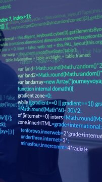 Vertical video: Code filling wall, tech man entering, sitting, reviewing code, overlaying sweater