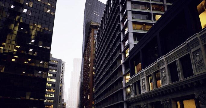 midday urban canyon with layered facades and construction vibes, steel and concrete textures visible, narrow view toward distant skyscraper, industrial detail