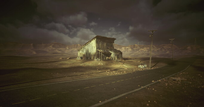 lonely corrugated shack in desert under stormy sky, abandoned outpost beside cracked road, weathered metal siding glowing from distant light, tumbleweed