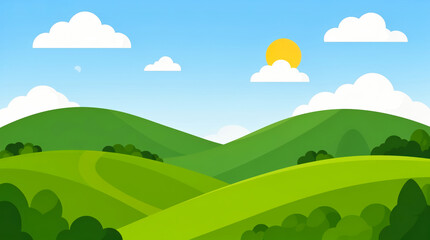 Obraz premium Idyllic Cartoon Landscape with Rolling Green Hills and Fluffy Clouds under a Bright Sunny Sky