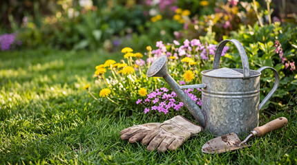 Vintage metal watering can, gardening gloves, and a trowel resting on lush green grass in a sunny garden. © Joselito