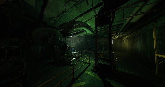 glowing reactor control corridor centered around core panel banks and valve clusters framed by suspended catwalks, maintenance probe recording radiation