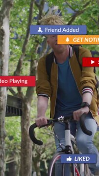 Commuter approaching cam, cycling park, meeting floating media play buttons showing engagement