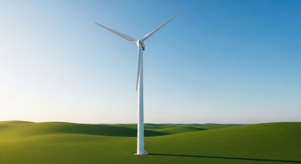 Fototapeta premium Towering white wind turbines spinning on a rolling green landscape generating sustainable electrical power from clean renewable energy sources, day, field, earth