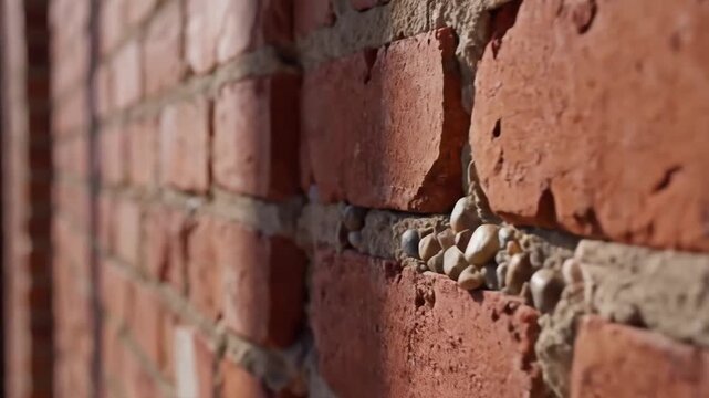 Closeup of an old weathered brick wall texture with visible mortar.