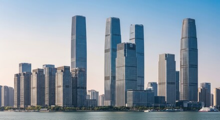 Obraz premium Impressive high-rise buildings along a body of water under a clear, bright sky