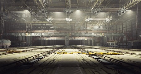 Industrial scene vividly depicted, Futuristic warehouse with dynamic details, Expansive industrial environment with complex machinery and lighting © icetray
