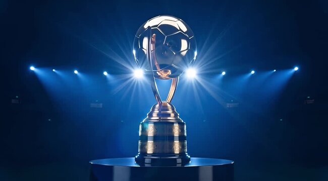 Shiny golden soccer trophy illuminated by stadium lights, symbolizing victory and achievement.