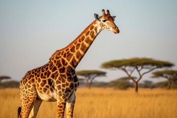 Obraz premium Majestic Kordofan Giraffe standing tall in the expansive African savanna during golden hour, embodying serenity, wilderness, and the timeless beauty of nature's giants