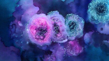 Fototapeta premium Glowing bacterial art surreal violet turquoise pigments radiate a luminous dreamlike scientific aesthetic