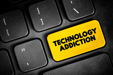 Obraz premium Technology Addictions is characterized by excessive controlled preoccupations, behaviours regarding computer use and internet access, text button on keyboard, concept background