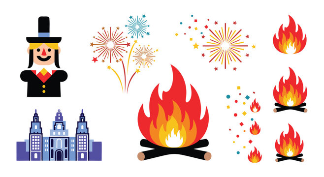 Bonfire night and Guy Fawkes day vector icons set with fireworks and city palace