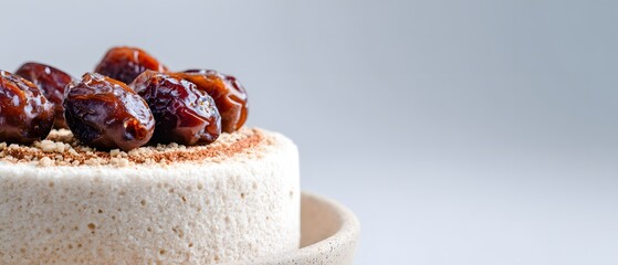 Dried dates in a white bowl served with creamy yogurt sauce cake.
