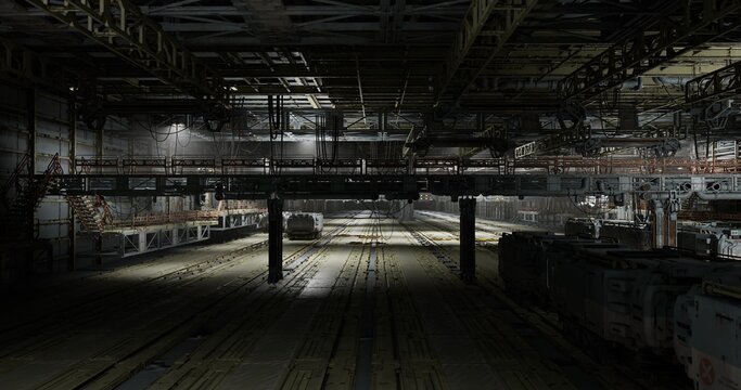 Dimly lit rail service bay under heavy girders night technician routine with torchlight, maintenance tools and oily floors, hanging cables and shadowed