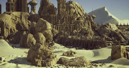 dune foreground with distant golden citadel, scattered boulders and sandy textures leading eye toward ornate towers, cool sky contrast, cinematic wideangle © icetray