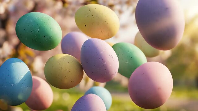 Colorful Easter Eggs Floating in Spring Blossom Orchard