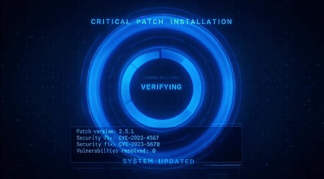Futuristic digital interface displays critical patch installation progress with verifying status.