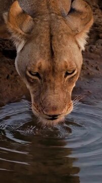 Lioness drinking water from serene natural pond