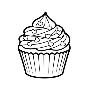 A black and white line art illustration of a cupcake with hearts on top