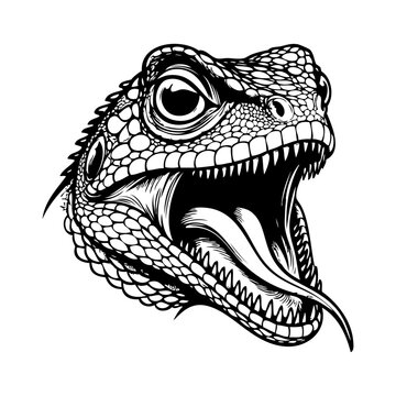 Dibujo sencillo con l&iacute;neas de la cabeza de un lagarto enojado, con la boca abierta, ense&ntilde;ando los colmillos y la lengua