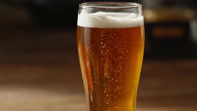 Craft Ale In Glass With Condensation. Warm Illuminated Scene Of Fresh Beer On Wooden Surface