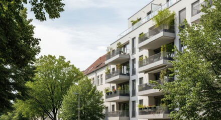 Obraz premium Modern apartment building with balconies, trees framing the view