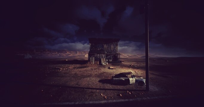 Silent abandoned cabin, Desolate wooden shelter beneath turbulent dark clouds, Isolation reigns over forsaken shack with moonlit tumbleweed scene