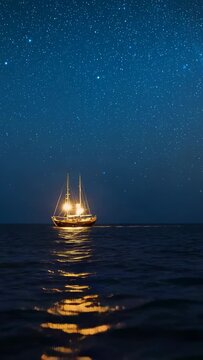 Vertical video: Showing lit two-mast sailboat staying steady as ripples shifting glint under stars