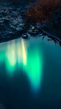 Vertical video: Rippling small pool reacting to drop and casting aurora at rocky shore with seaweed