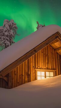 Vertical video: Panning camera revealing wooden cabin with lit window in snowy forest, green aurora