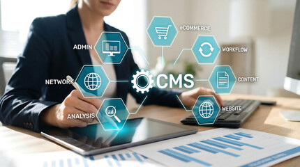 Fototapeta premium Businesswoman analyzing data and interacting with a CMS interface, highlighting content management systems, workflow, and e-commerce.