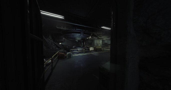 dimly lit underground maintenance tunnel with heavy machinery and wet floor, fluorescent lights casting long shadows, concrete walls lined with pipes