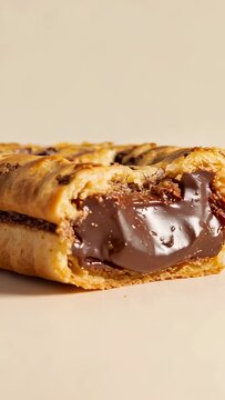 Vertical video: Pulling camera revealing chocolate pastry on beige tabletop, showing glossy filling